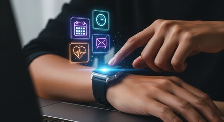 Futuristic concept of wearable technology with a modern smartwatch projecting colorful holographic icons, including clock, calendar, messages, and heart rate monitor.