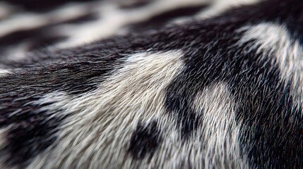 Macro texture photograph of a luxurious, soft cowhide rug. The image features a striking black and white pattern with very fine and detailed hair.