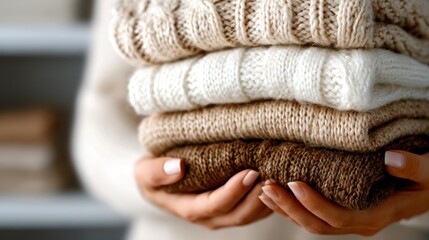 A set of neatly folded sweaters in warm tones displays cozy textures, ideal for chilly days, emphasizing comfort, style, and homely aesthetics.