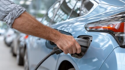 Electric car charging at a public station in a busy urban area during daylight hours