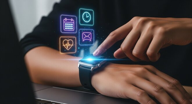 Futuristic concept of wearable technology with a modern smartwatch projecting colorful holographic icons, including clock, calendar, messages, and heart rate monitor.