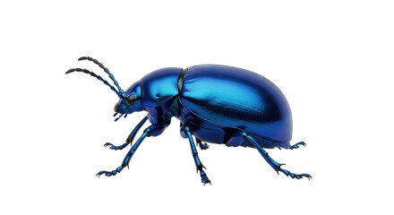 Isolated beetle with iridescent blue shell, crawling and gleaming, a detailed specimen