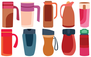 Hot Drink Tumblers & Thermos Flasks Collection – Flat Style Travel Mugs and Coffee Vector Icons