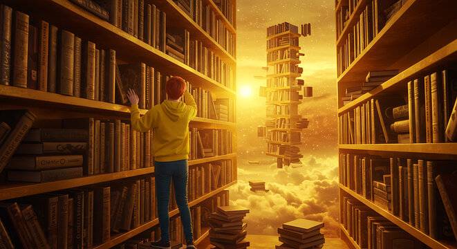 A male figure in a yellow hoodie stands between two towering, endless bookshelves, reaching for a book, with a surreal, glowing stack of books floating in the golden, cloudy distance