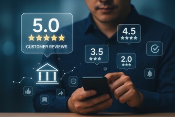 Person holding a smartphone interacts with customer review icons showcasing varying star ratings, symbolizing online feedback and ratings, with a 5.