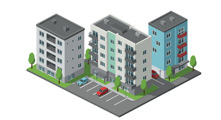 Isometric urban apartment buildings with parking area and trees