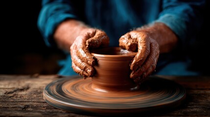 A skilled potter's hands work with wet clay on a spinning wheel, creating a beautifully shaped pottery piece in a craftsman's workshop, revealing the art of pottery.