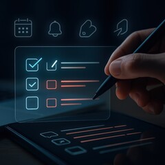 Digital interface showcases a task list, with glowing blue check marks indicating completion and red outlines for pending items; a hand uses a stylus to interact with the virtual checklist on a...