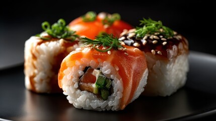 An exquisite selection of sushi rolls sits on a black plate, adorned with fresh ingredients, mirroring culinary artistry and the vibrant flavors of Japanese cuisine.