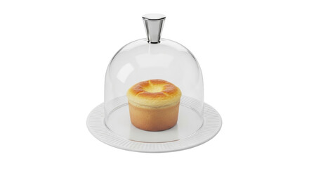 Isolated soufflé on a white plate under a transparent glass dome cover for serving dessert