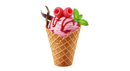 Isolated Raspberry ice cream cone dessert with mint garnish and chocolate curl topping treat