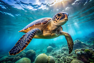 Obraz premium Sea Turtle Swimming Gracefully Underwater in Ocean