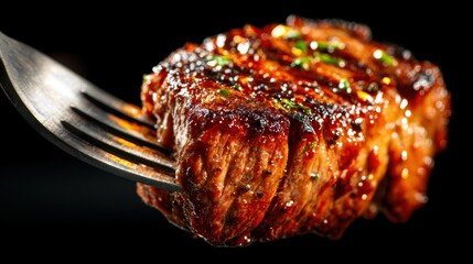 A tantalizing close-up shot of a perfectly grilled steak on a fork, showcasing its delicious texture and mouth-watering appeal, perfect for food lovers and culinary enthusiasts alike.