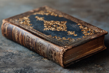 Antique leather-bound book with ornate detailing on display