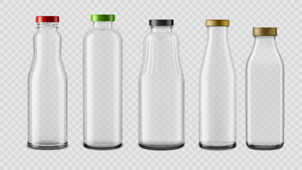 Realistic empty glass juice bottles. 3d vector set of transparent glass bottles with colored plastic and metallic screw caps. Mockups for packaging, beverage branding, or drink product presentations
