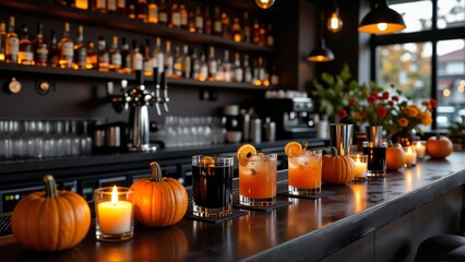 Halloween party drink station with various drinks and decorations, warm golden light creating cozy atmosphere. Concept of beverage bar for festive gatherings.