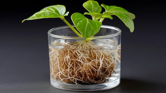 Root system concept ,Seedling plant root glass of water with green leaf and young plant showing exposed root ball and moist growth