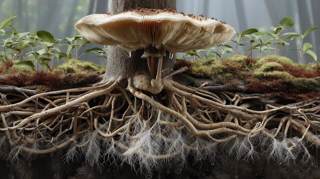 Root system concept ,mushroom root network tree root moss sprout mycelium forest floor mycorrhiza connection fungal cap soil