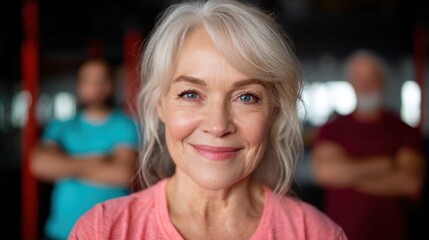 A confident elderly woman smiles warmly in a fitness center, embodying health, happiness, and community support. The energetic vibe motivates others in the background.