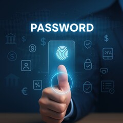 A digital concept illustrating biometric security, featuring a glowing fingerprint scan superimposed over a hand, with the word 'PASSWORD' highlighted above, symbolizing authentication and data...