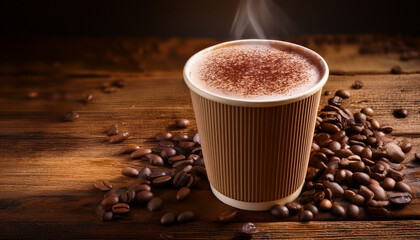 Warm Paper Cup Filled With Rich Hot Cocoa Placed On A Rustic Wooden Table With Scattered Coffee Beans And A Cozy Atmosphere Ample Copy Space