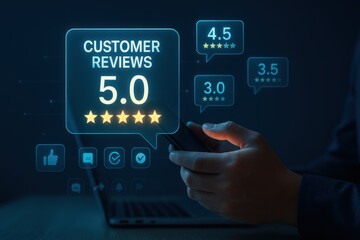 Digital interface shows a glowing 5.0 customer review score with a speech bubble overlay, surrounded by additional feedback ratings, and the person is interacting with a smart phone.