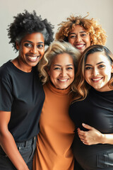 Diverse group of smiling women embracing in a studio portrait
