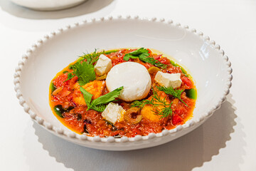 A vibrant vegetable stew featuring cheese and herbs, beautifully arranged in a round bowl