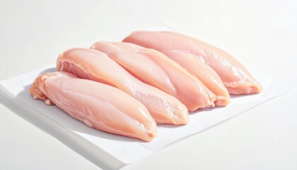 Five raw chicken breasts aligned on white surface&mdash;evoking freshness, preparation, and the clean choreography of protein, nutrition, and culinary intent.