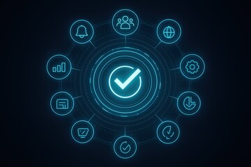 Digital illustration depicts a futuristic user interface with a circular arrangement of icons representing various concepts, centered around a glowing checkmark symbol in a deep blue background.