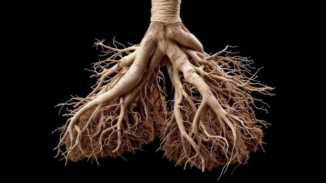 Root system concept ,root system with complex branching and fine hair taproot network, bronchial tree lung root system mimic