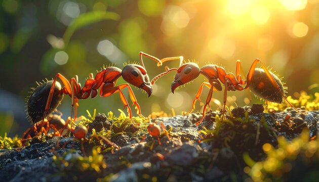 Two red ants face-to-face in sunlight