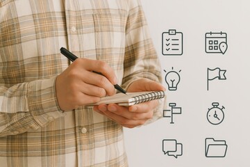 Person in a plaid shirt writes in a spiral-bound notebook with a pen, accompanied by business or organizational concept icons including a to-do list, calendar with a location pin, lightbulb, flag,...
