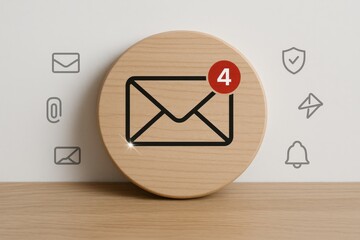 An email icon on a wooden surface, displaying notification badges and related symbols.