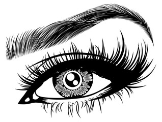 Illustration with woman's eye, eyelashes and eyebrow. Makeup Look. Tattoo design. Logo for brow bar or lash salon.