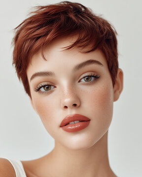 Woman with short red pixie haircut