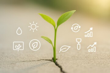 A vibrant young plant emerges from a crack in a solid surface, showcasing growth, renewal, and resilience, set against a soft, blurred background with subtle icons representing growth and...