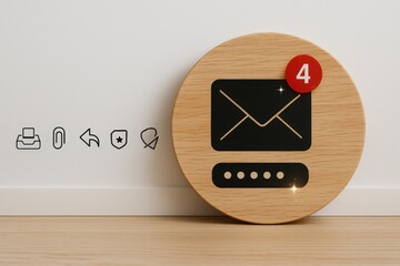 Wooden circular object featuring a black envelope icon with a red notification bubble displaying the number four and several simple icons arranged beside it on a white surface, indicating...