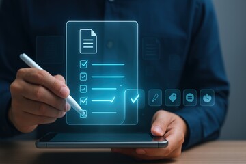 Professional holding a digital stylus, interacting with a glowing document interface overlaid on a tablet screen, visually representing checklist completion and data management, emphasizing digital...