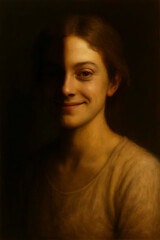 Fototapeta premium A young woman with long hair wears a light top and smiles subtly, her face dramatically lit with deep shadows and highlights against a dark background.