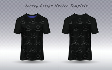 T-shirt mockup with a black body and subtle geometric triangles and circles pattern. Perfect for custom e-sports jerseys, modern activewear, or branded apparel with a sleek, technical look.