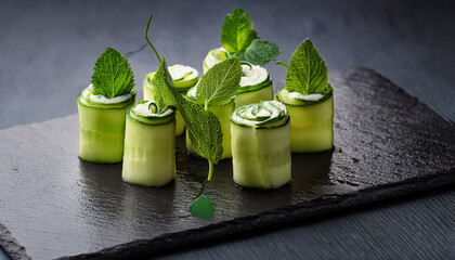 Colorful Cucumber Rolls With Mint Garnish Served On A Dark Slate Plate