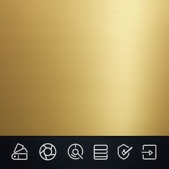 Metallic golden surface with a subtle textural appearance, the image features a blurred gradient from darker to lighter gold, complemented by simple white icons in a black strip.