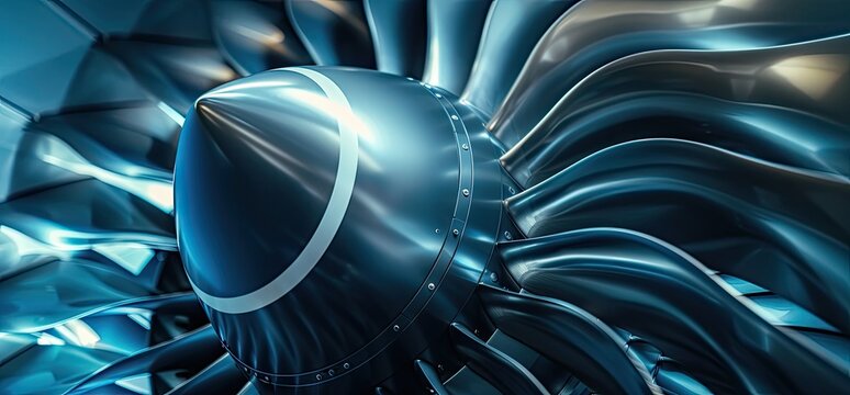 Close-up of a metallic turbine engine showcasing intricate details of its sleek, curved blades and central core. The cool blue tones and reflective surfaces highlight its complex design