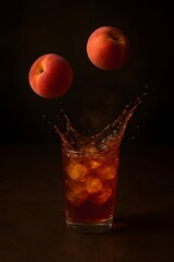 Peach Halves Floating Above a Glass of Iced Tea