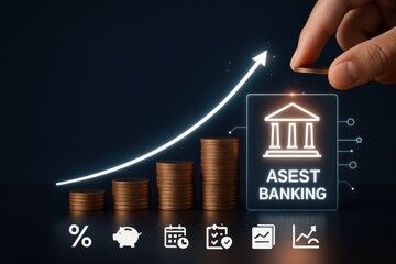 Visual representation of financial growth, featuring stacks of coins increasing in height along a rising white arrow, symbolizing prosperity, with hand adding coin and banking icon, set against a...