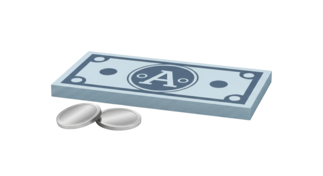 Isolated vector graphic of money stack with letter A and loose coins, personal finance concept