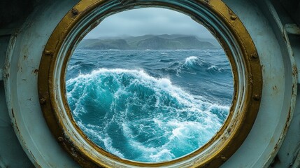 A ship's porthole reveals turbulent ocean waves crashing against the hull, framed by metallic circular edges and distant mountains under a cloudy sky.
