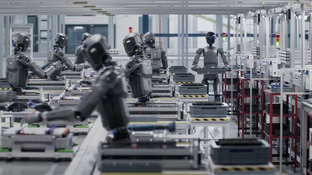 3D Render: Autonomous AI-Powered Humanoid Robots Working on Assembly Line at Factory. Human Like Robots Performing Tasks and Walking in Industrial Environment. Industrial Automation AI-Accelerated