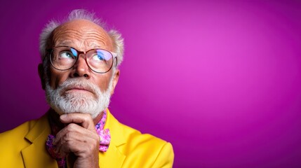 An elderly man in a striking yellow jacket looks thoughtfully upward, embodying a sense of wisdom and curiosity against a vibrant purple background that inspires reflection.